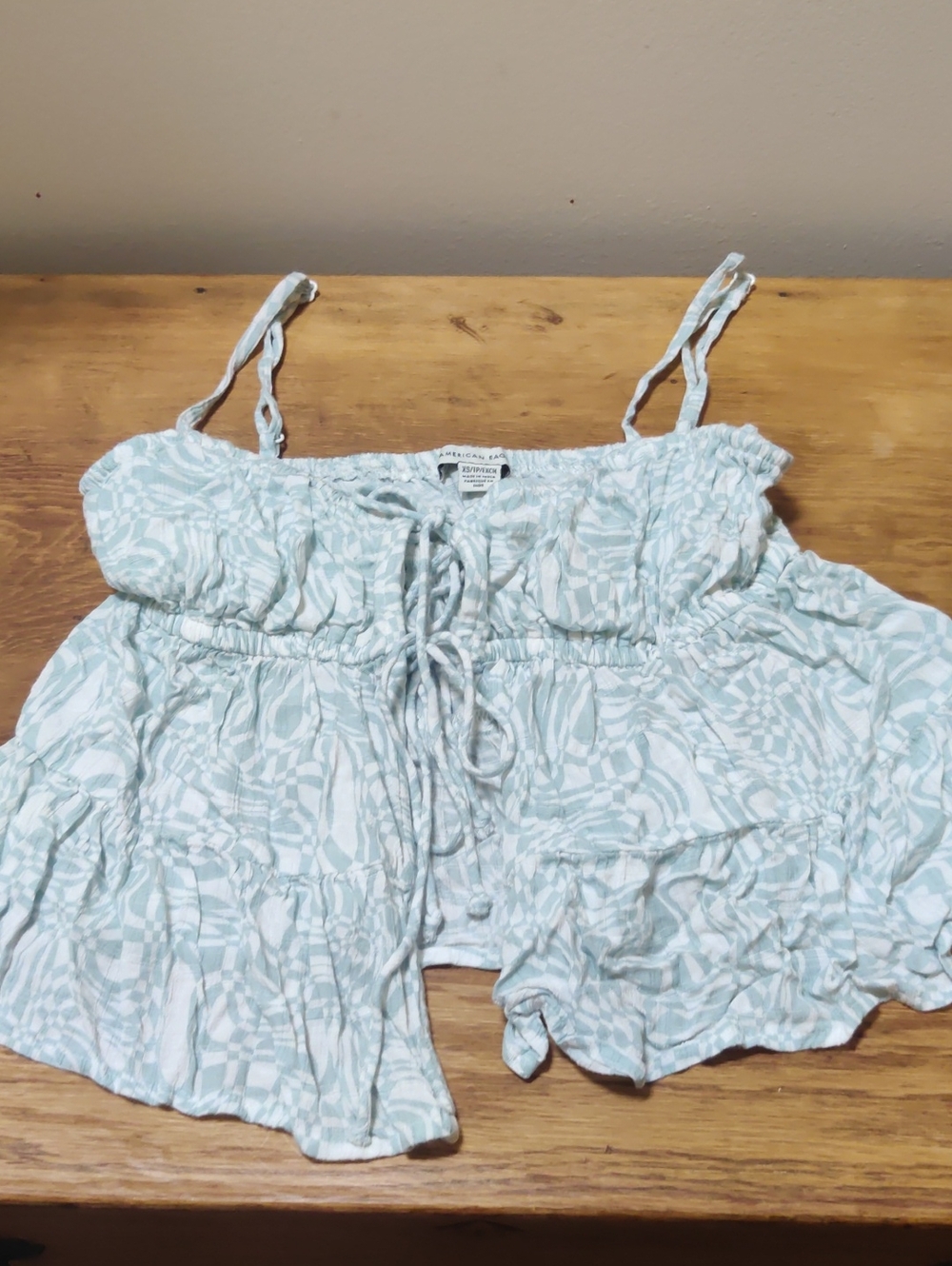 American Eagle Outfitters Pale Blue Patterned Smocked Tie-Front Crop Top